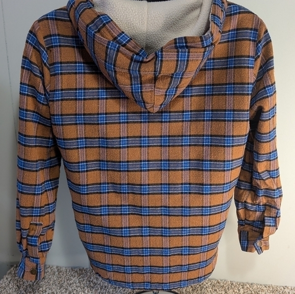 Z Man Plaid Long Sleeve Fleece Hoodie Size Small Snap Pockets Orange Blue - Picture 6 of 8